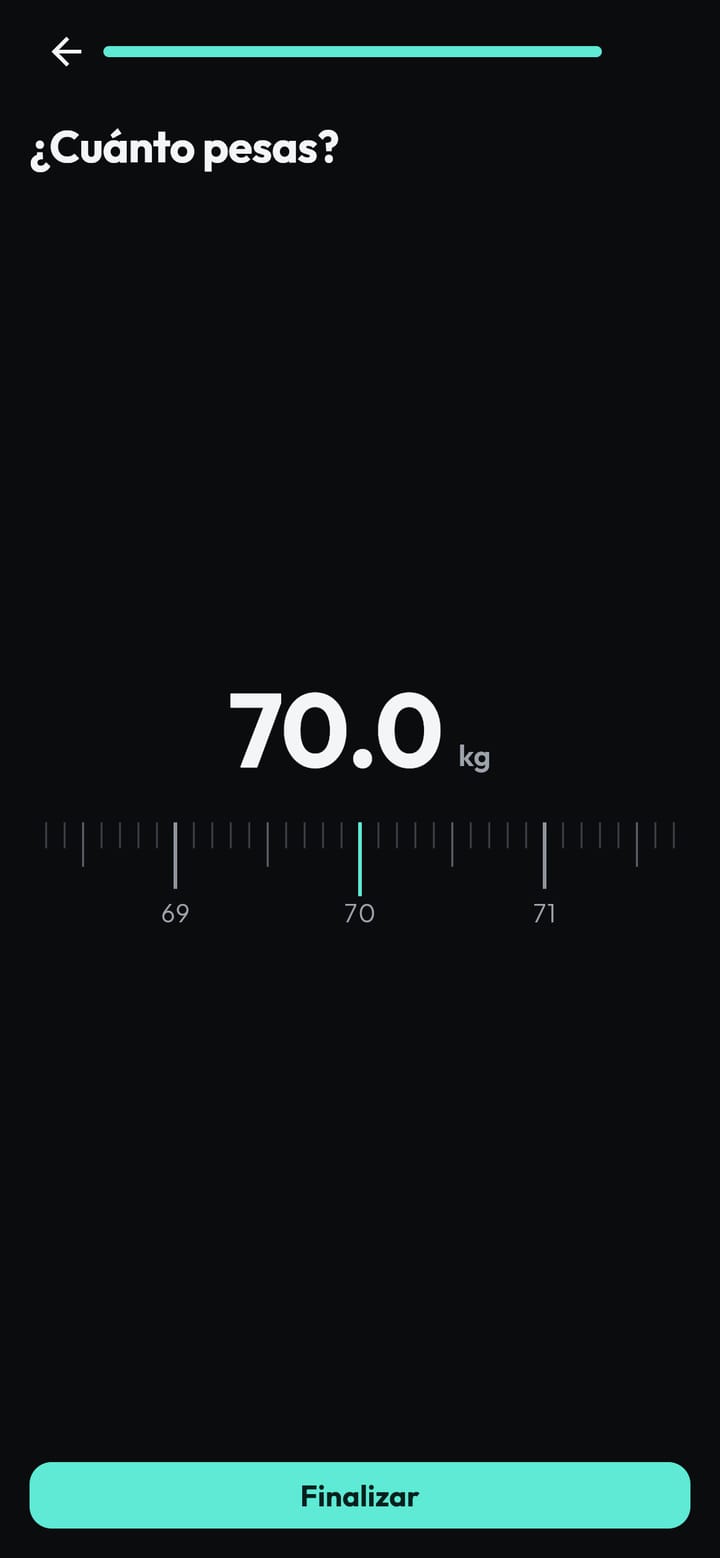 Selector de peso con una regla deslizante que marca 70,0 kg.