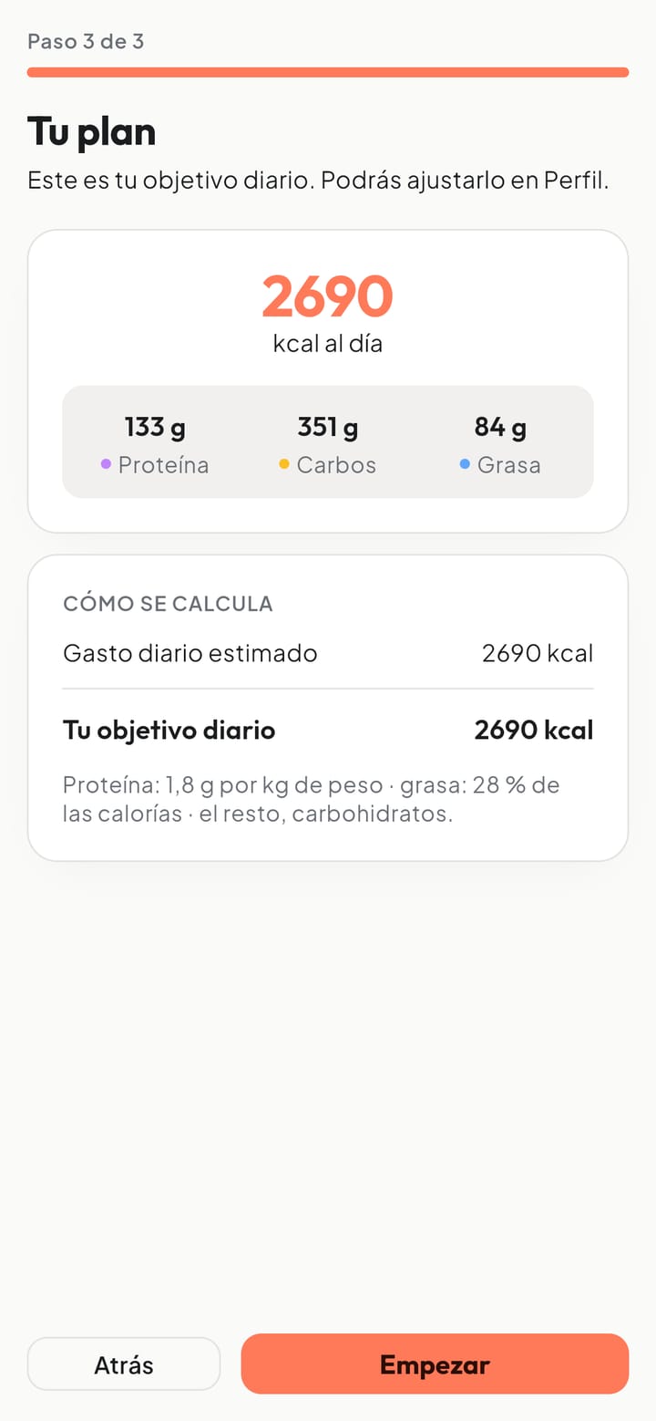 Pantalla «Tu plan» de Kalibra: 2690 kcal al día y el reparto en proteína, carbohidratos y grasa, con una explicación de cómo se calcula.