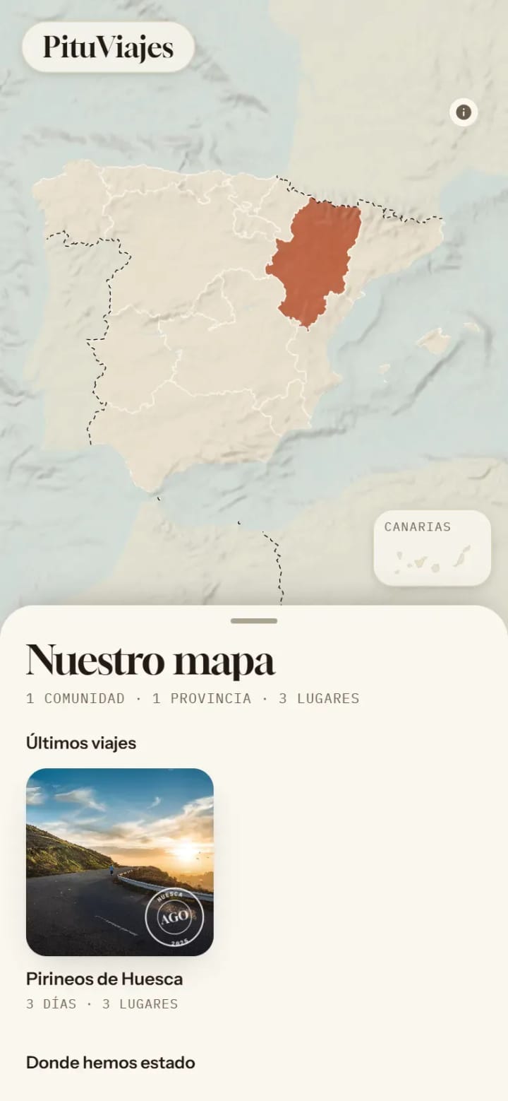 Mapa de España de PituViajes con Aragón coloreado y el último viaje debajo.