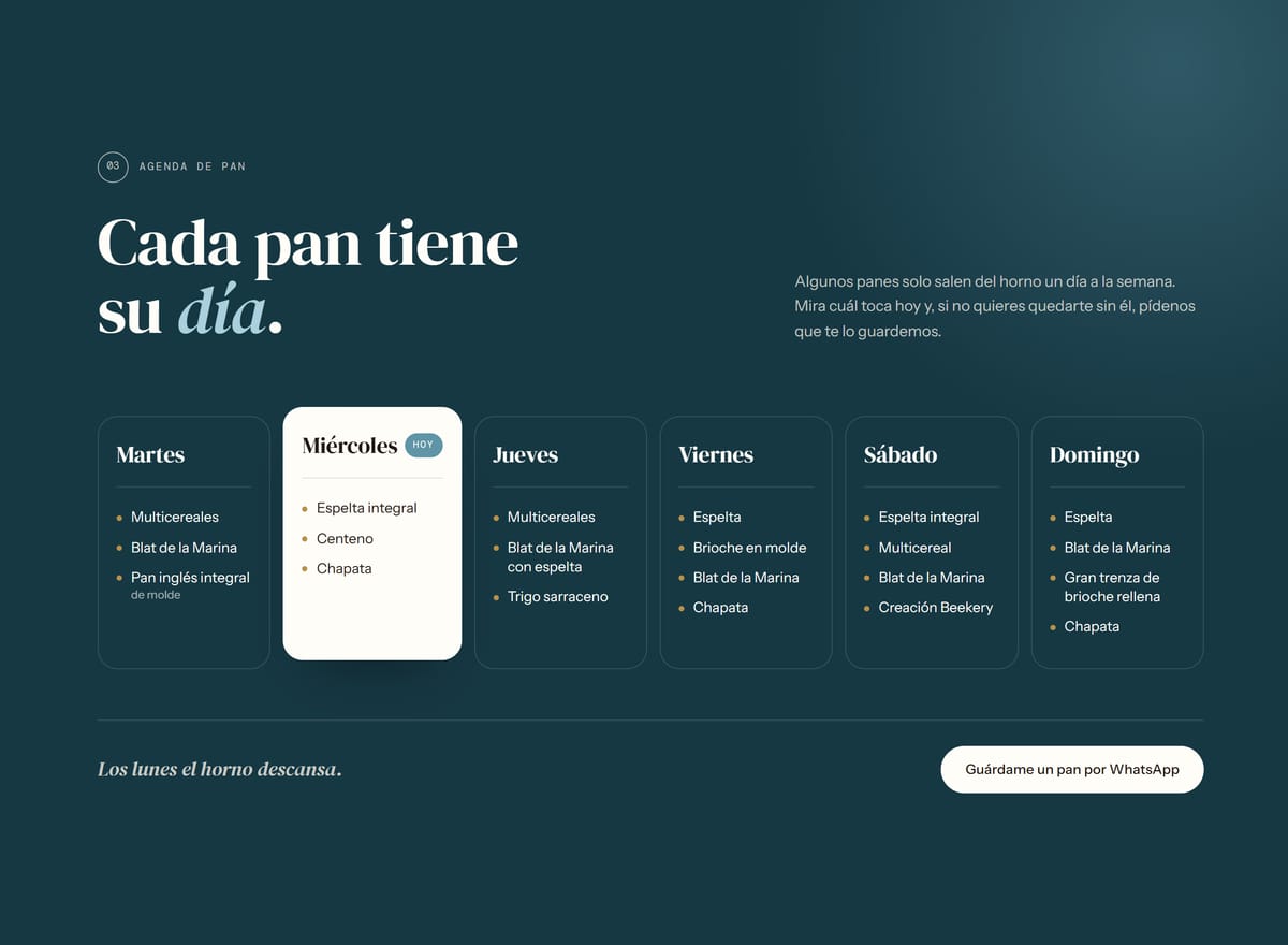 Agenda semanal de panes del diseño para Beekery, con el día de hoy destacado.
