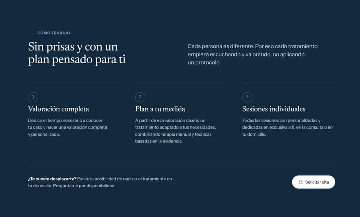 Sección oscura «Sin prisas y con un plan pensado para ti» con tres pasos: valoración completa, plan a tu medida y sesiones individuales.