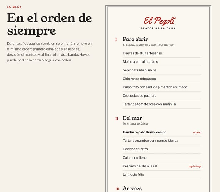 Sección «En el orden de siempre»: una hoja de carta estrecha con los platos en cuatro tiempos, la gamba marcada «al peso» y el pescado «según lonja».