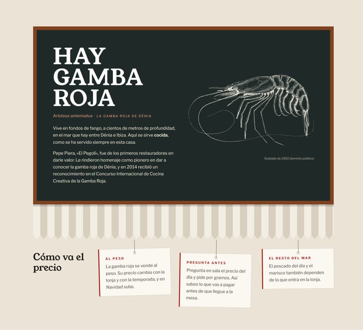 Sección «Hay gamba roja»: pizarra oscura con marco de madera, grabado antiguo de una gamba, barra a listones debajo y tres notas sobre cómo va el precio.