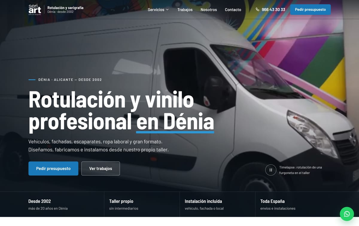 Portada de Seriart: titular sobre el vídeo del taller rotulando una furgoneta.