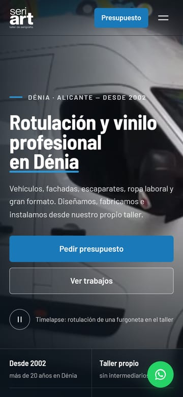 Portada móvil de Seriart: vídeo del taller rotulando una furgoneta y el botón para pedir presupuesto.
